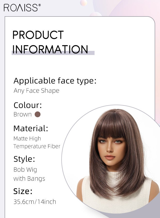 roaiss Brown Bob Straight Hair Wig with Bangs, Heat Resistant Synthetic Wig for Women, Suitable for Wedding Cosplay Party Daily Wear, Natural Looking, 35.6cm (14 inches) - Image 3